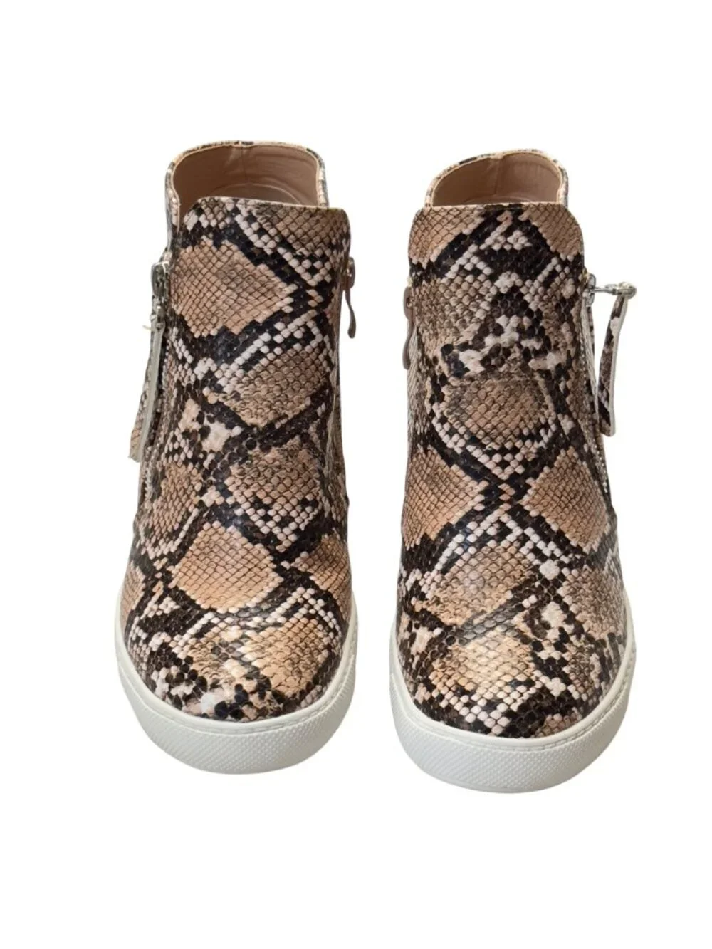 Snakeskin Print Wedge Ankle Boots With Side Zipper & Rubber Sole